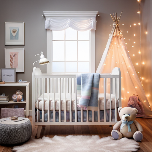 An image showcasing a cozy Walmart baby bed adorned with a soft, pastel-colored crib sheet, a plush teddy bear nestled beside a delicate mobile, and a string of fairy lights casting a warm glow