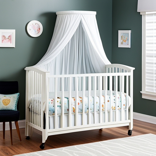 An image showcasing a cozy Walmart baby bed adorned with a plush, hypoallergenic mattress topper, a vibrant mobile with cute animal characters, and a soft, breathable canopy to enhance your little one's peaceful slumber