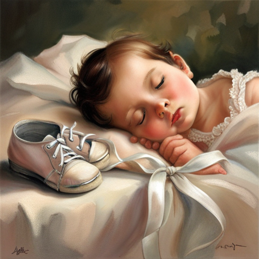 An image of a peaceful sleeping baby, curled up in a cozy blanket, with a pair of wavy baby shoes gently resting nearby