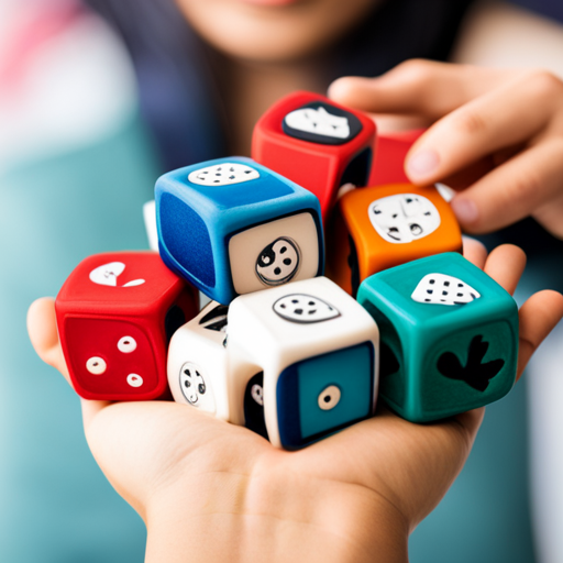 An image of a group of children sitting in a cozy circle, holding colorful story cubes, eagerly crafting imaginative tales together