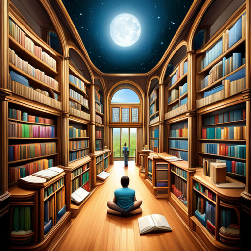 An image featuring a colorful library filled with shelves of books, each labeled with genres like fantasy, adventure, mystery, and science fiction