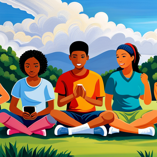 An image depicting a group of diverse teenagers engaging in various healthy coping mechanisms, such as painting, playing sports, meditating, and writing in journals, surrounded by vibrant colors and serene nature