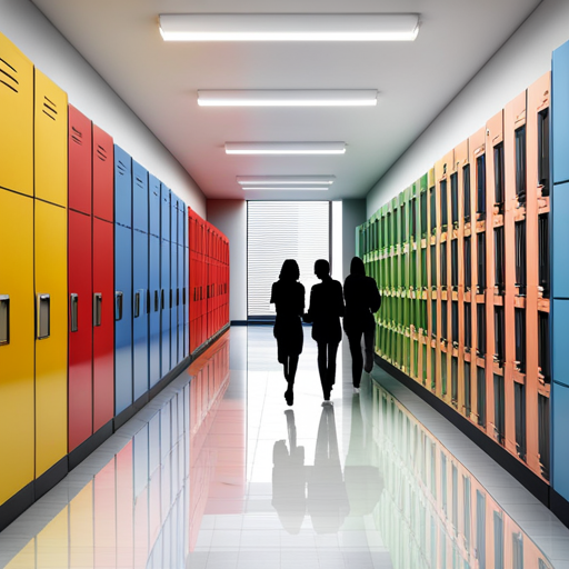 An image of a vibrant school hallway filled with colorful lockers, adorned with uplifting posters and artwork