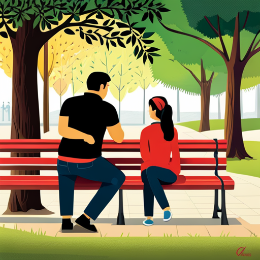 An image of a parent and teenager sitting on a park bench, engrossed in a deep conversation