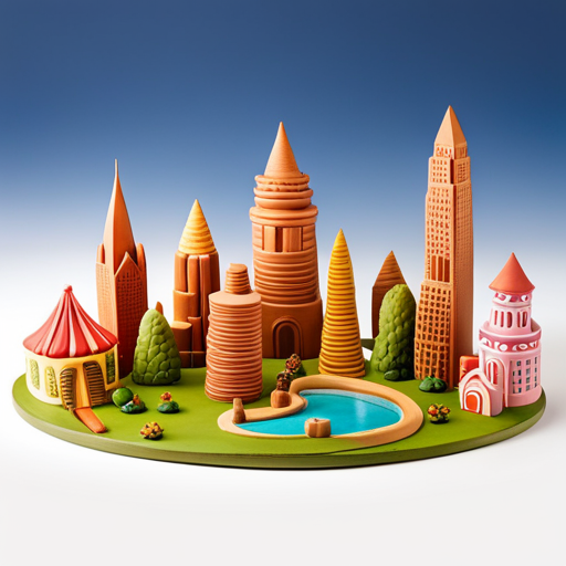 An image showcasing a colorful array of clay creations: a sculpted animal kingdom, a whimsical fairy garden, and a miniature cityscape with skyscrapers and houses