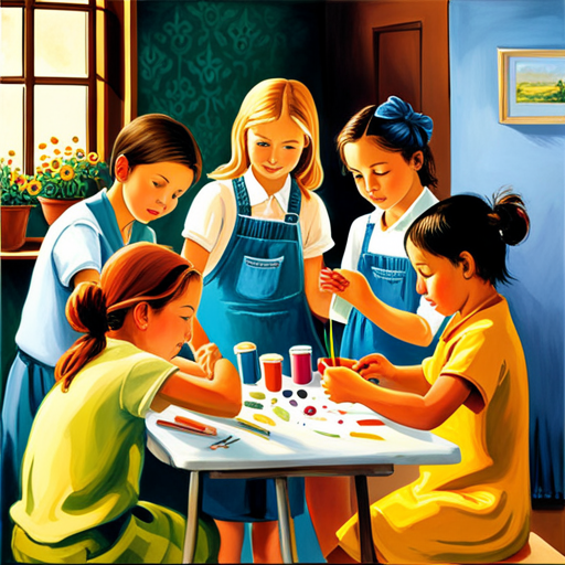 An image featuring a group of children joyfully huddled around a table covered in vibrant paints, paintbrushes in hand, engaged in various painting and drawing activities, their masterpieces proudly displayed around them