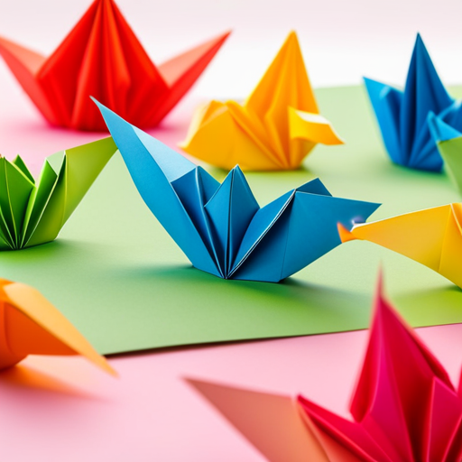 An image showcasing a colorful origami menagerie, with delicate paper animals like cranes, frogs, and butterflies adorning a whimsical backdrop