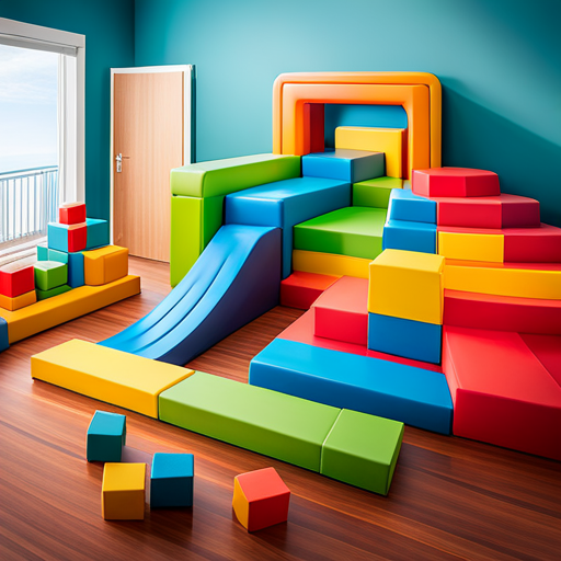 An image of a colorful, padded indoor obstacle course for babies, featuring a tunnel, soft blocks, a mini slide, and a balance beam, surrounded by toys and cheerful decor