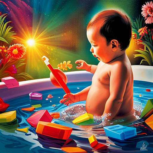An image that captures the joyous moment of an infant splashing in a shallow basin filled with crystal-clear water, surrounded by colorful floating toys, with sunlight streaming through a nearby window, evoking a sense of pure delight and exploration