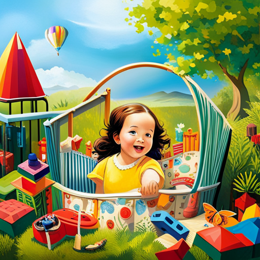 An image capturing a smiling baby sitting in a colorful, padded playpen surrounded by vibrant outdoor toys, with a gentle breeze rustling the leaves of nearby trees and a brightly colored butterfly fluttering in the background