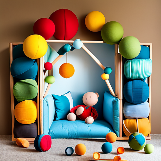An image of a cozy living room corner transformed into a DIY baby toy haven