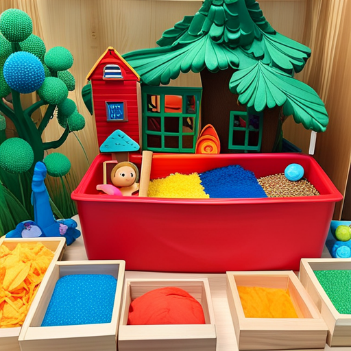 An image of a colorful sensory bin filled with various textured materials like rice, feathers, and soft fabrics