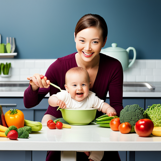 An image showcasing a joyful baby, sitting in a high chair, surrounded by colorful fruits and vegetables, while their parent lovingly assists them in mixing batter for a healthy, homemade baby-friendly meal