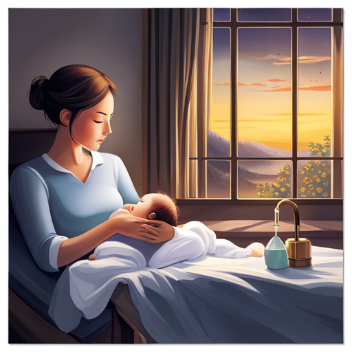 An image depicting a cozy nursery at night: a softly lit room with a sleeping baby in a crib, a humidifier emitting a gentle mist, a parent sitting nearby, and a comforting hand gently patting the baby's back
