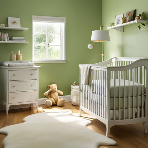 An image depicting a serene nursery scene, bathed in warm sunlight, where a baby sleeps peacefully in a crib
