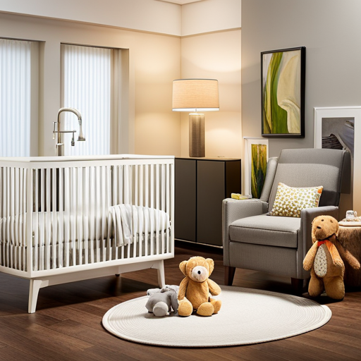 An image of a cheerful, well-ventilated nursery with a baby sound asleep in a cozy crib surrounded by plush toys