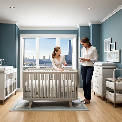 An image of a high-tech nursery with an array of smart baby drops, including temperature-controlled cribs, intelligent feeding stations, and interactive play mats, showcasing the future of infant care