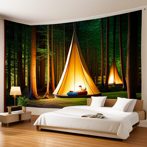 An image: A cozy tent nestled amidst towering trees, featuring a soft sleeping nest adorned with plush blankets and a soothing mobile hanging above