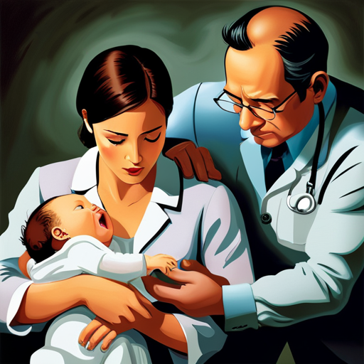 An image featuring a worried parent cradling their distressed baby, while a compassionate pediatrician gently examines the infant's throat using a medical light, conveying the importance of seeking professional assistance for severe reflux cases