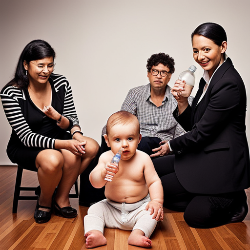 An image showcasing a baby sitting upright after feeding, surrounded by empty bottles, with concerned parents observing