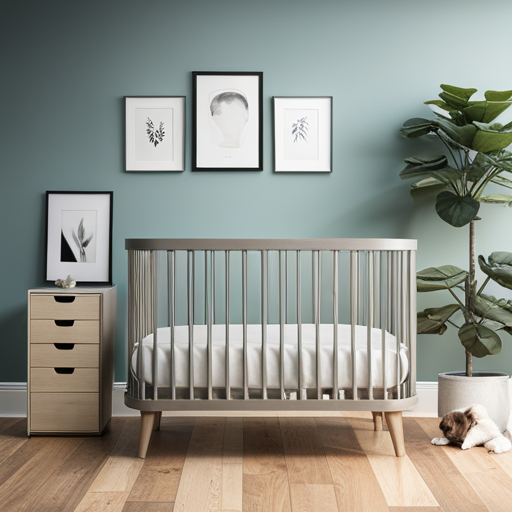 An image capturing a modern nursery with a cozy crib adorned with soft blankets and a sleep training chart on the wall