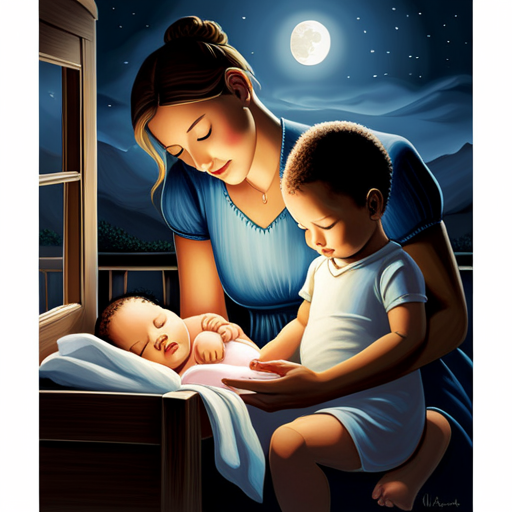 An image capturing a serene nursery scene, bathed in soft moonlight, showcasing a peacefully sleeping baby in a crib
