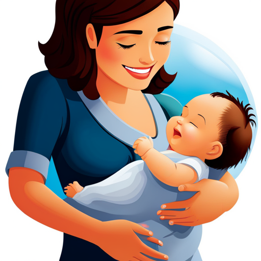 An image showcasing a smiling baby blissfully nursing from their mother's breast, surrounded by a protective shield of vibrant, allergy-inducing elements being repelled by breastmilk's powerful immune-boosting properties