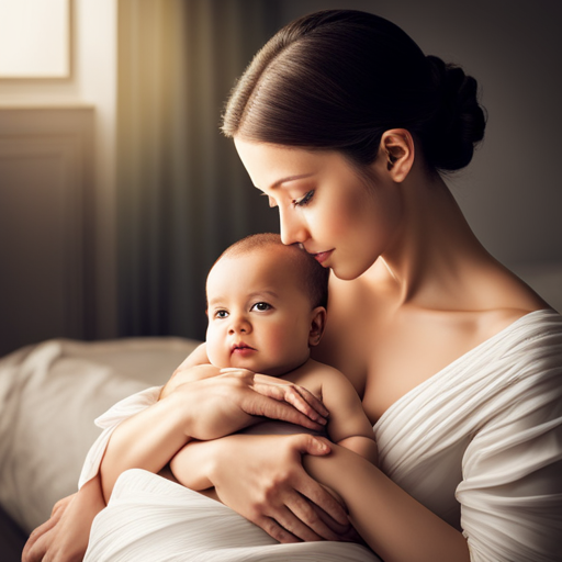 An image showcasing a healthy baby nestled in a mother's arms, with rays of light symbolizing growth factors emanating from her breast