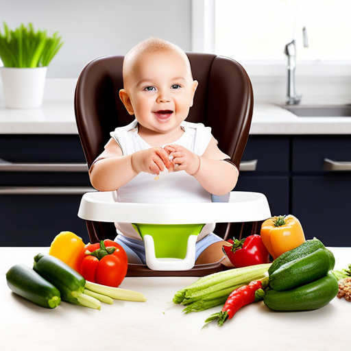 An image showcasing a content baby sitting in a high chair, eagerly exploring a colorful assortment of freshly steamed vegetables, fruits, and grains, awaiting their first taste of solid foods