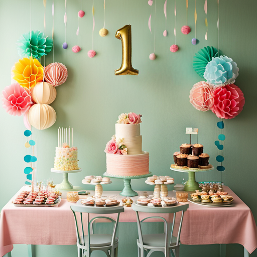 An image showcasing a whimsical scene: a pastel-hued room adorned with delicate paper garlands, a giant number "1" balloon floating above a dessert table, dainty cupcakes topped with tiny party hats, and a charmingly messy smash cake waiting to be devoured