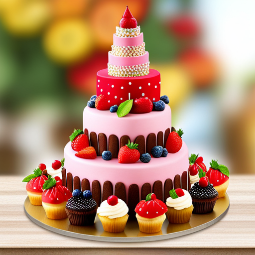 An enticing image showcasing a colorful spread of irresistible treats; a delectable miniature cake adorned with sprinkles and a tower of delectable cupcakes, surrounded by mouthwatering pastries, fresh fruits, and delightful finger foods