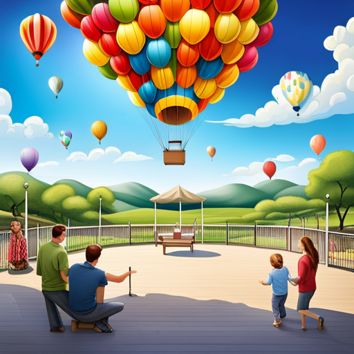 An image showcasing a spacious and vibrant outdoor park, adorned with colorful balloons and a charming gazebo