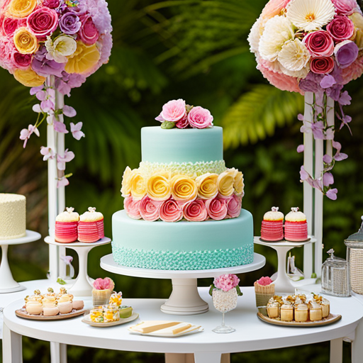 An image of a whimsical garden party with a pastel color palette