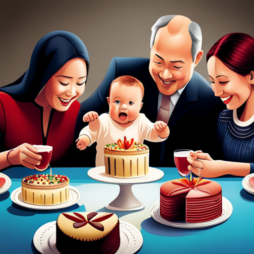 An image showcasing a baby's chubby hands delicately smashing a colorful cake, surrounded by adoring family members, laughter filling the air as the camera captures the sheer joy and messy delight of this precious milestone