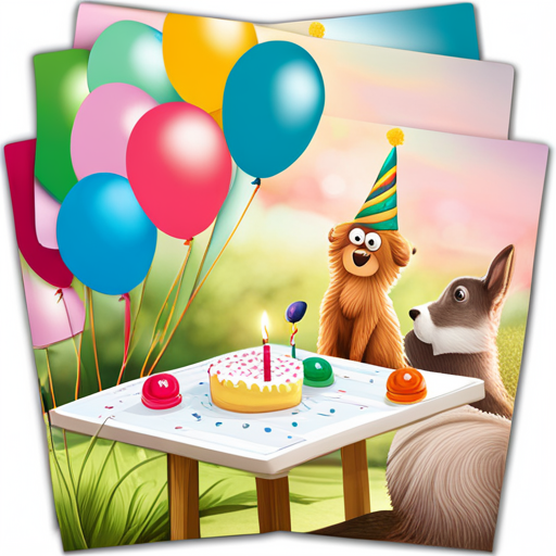 An image showcasing a cheerful table set with pastel-colored birthday invitations, adorned with cute animal cartoons