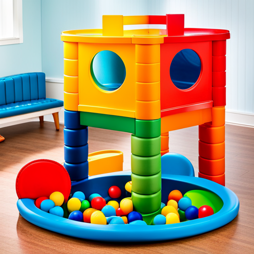 An image showcasing a colorful sensory play station, with a soft mat, filled with vibrant balls, plush toys, and interactive elements like textured blocks and squeaky toys