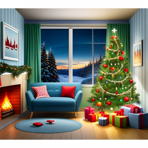 An image showcasing a cozy living room adorned with twinkling lights and a beautifully decorated Christmas tree, where a baby giggles in delight while engaging in baby-friendly crafts like making handprint ornaments and decorating stockings