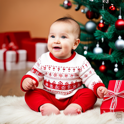 An image showcasing a cute baby dressed in a cozy red and white knitted onesie, adorned with festive reindeer and snowflake patterns, while sitting beside a beautifully decorated Christmas tree
