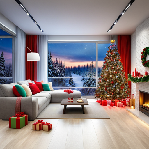 An image showcasing a cozy living room adorned with twinkling lights and a beautifully decorated Christmas tree