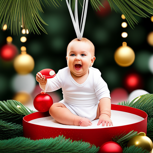 An image capturing the joyous moment of a smiling baby, sitting on a parent's lap, in front of a beautifully decorated Christmas tree adorned with twinkling lights, while delicately placing a tiny ornament on a branch