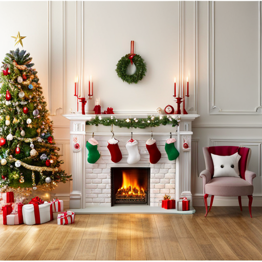 An image showcasing a cozy living room adorned with soft, plush stockings hung on a pastel-colored mantelpiece, surrounded by gently twinkling fairy lights and delicate, baby-safe ornaments on a beautifully decorated Christmas tree