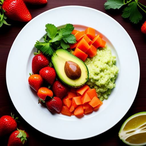 An image showing a colorful plate filled with a variety of nutrient-rich foods, including mashed avocado, steamed carrots, diced strawberries, and cooked quinoa, all arranged in an engaging and visually appealing way