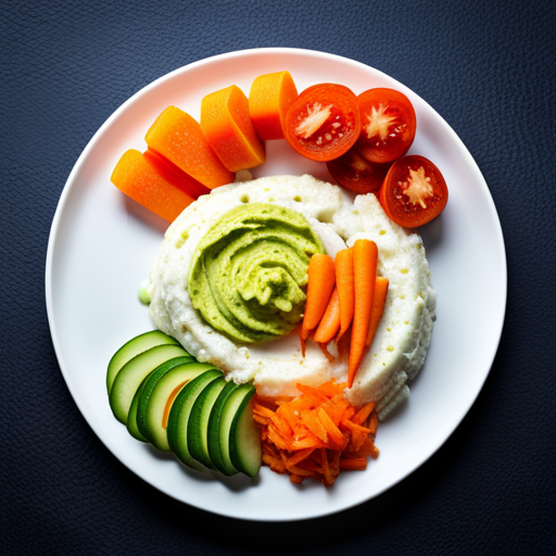 An image showcasing a colorful plate filled with mashed avocado, steamed carrots, and soft banana slices