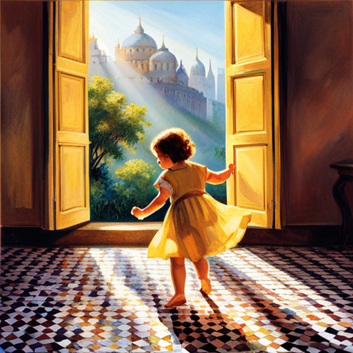 An image capturing a confident baby eagerly venturing forward, tiny feet confidently stepping on a vibrant, mosaic-tiled floor