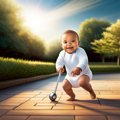 An image capturing the magical moment of a baby taking their very first steps; focus on their tiny, wobbly legs confidently propelling them forward, with wide-eyed wonder and a radiant smile lighting up their face