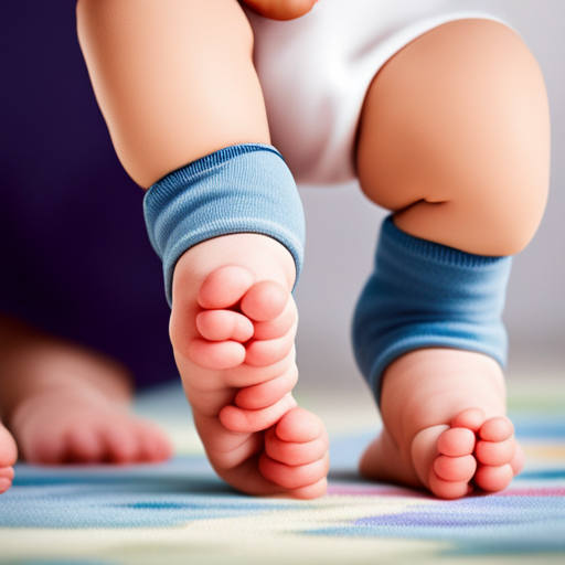  the tender moment of a baby's first steps with an image of tiny, unsteady feet clad in colorful socks, wobbling on a soft, pastel-colored carpet, surrounded by outstretched hands eagerly waiting to guide and celebrate their milestone