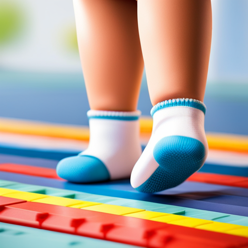 An image capturing the essence of 'Baby's First Steps' by focusing on a tiny, pudgy foot clad in a colorful sock, delicately balancing on a soft, pastel-hued rug, surrounded by an array of colorful building blocks