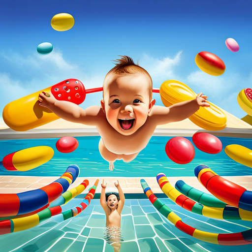 An image capturing the joy of a baby's first swim: a bright, sunny poolside scene with a giggling baby splashing water, surrounded by colorful floaties and toys, while their excited parents cheer them on