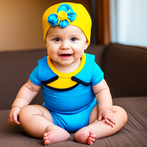 An image showcasing a cheerful baby wearing a snug-fitting swim diaper, a cozy UV-protective rash guard, and a brightly colored swim cap, all while holding onto a floating foam swim ring