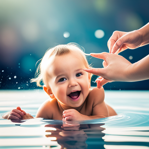 An image of a joyful baby, giggling and splashing in a crystal-clear pool, surrounded by supportive parents